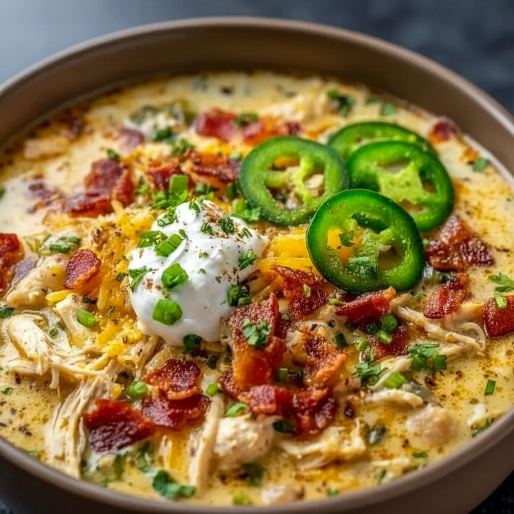 Rich and cheesy Jalapeño Popper Chicken Soup served in a white bowl, styled like one of the Best Ever Soup Recipes with crispy bacon on top.