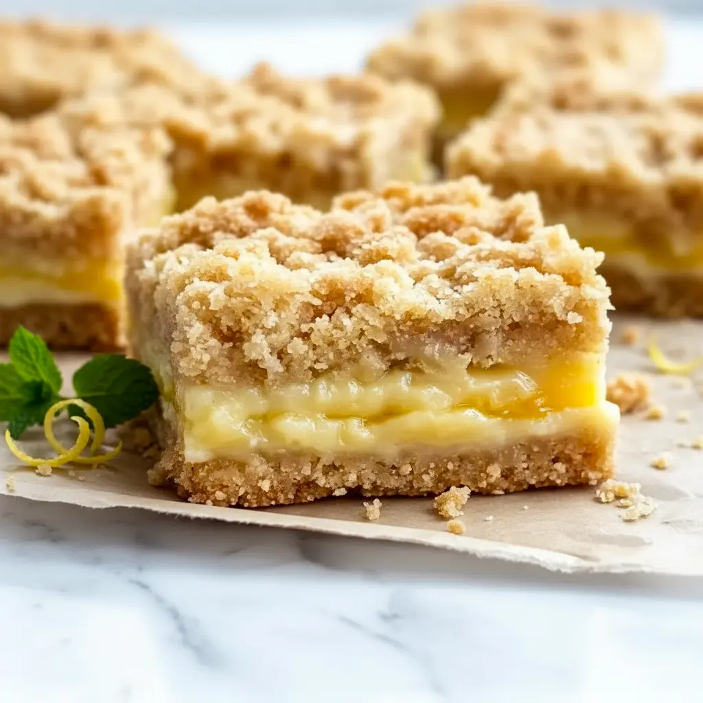 Lemon Crumb Bars with a buttery crumb topping, creamy lemon filling, and a light powdered sugar finish on a serving tray.