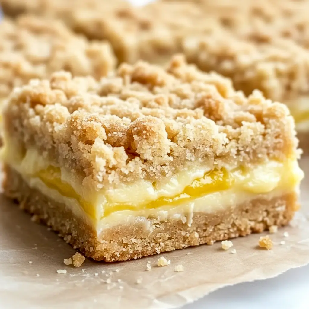 Lemon Crumb Bars with a buttery crumb topping, creamy lemon filling, and a light powdered sugar finish on a serving tray.