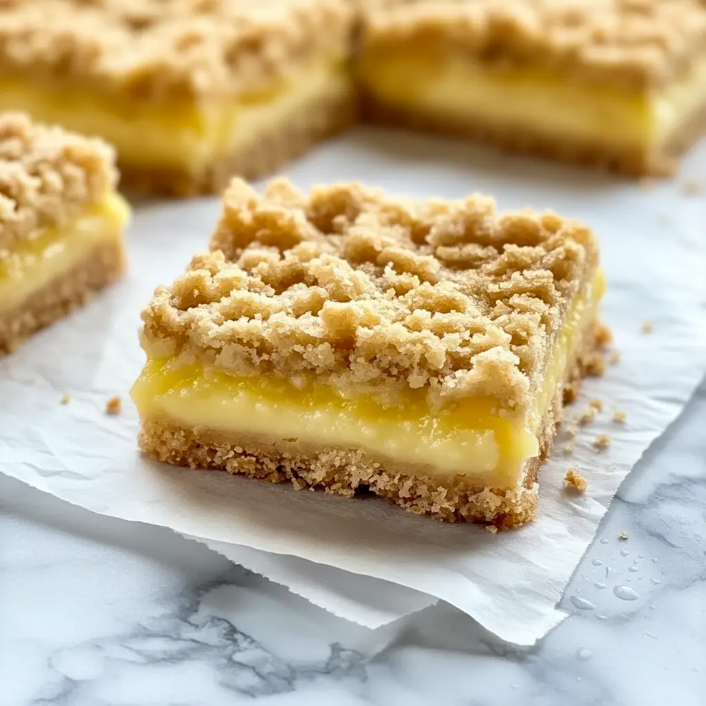 Lemon Crumb Bars with a buttery crumb topping, creamy lemon filling, and a light powdered sugar finish on a serving tray.