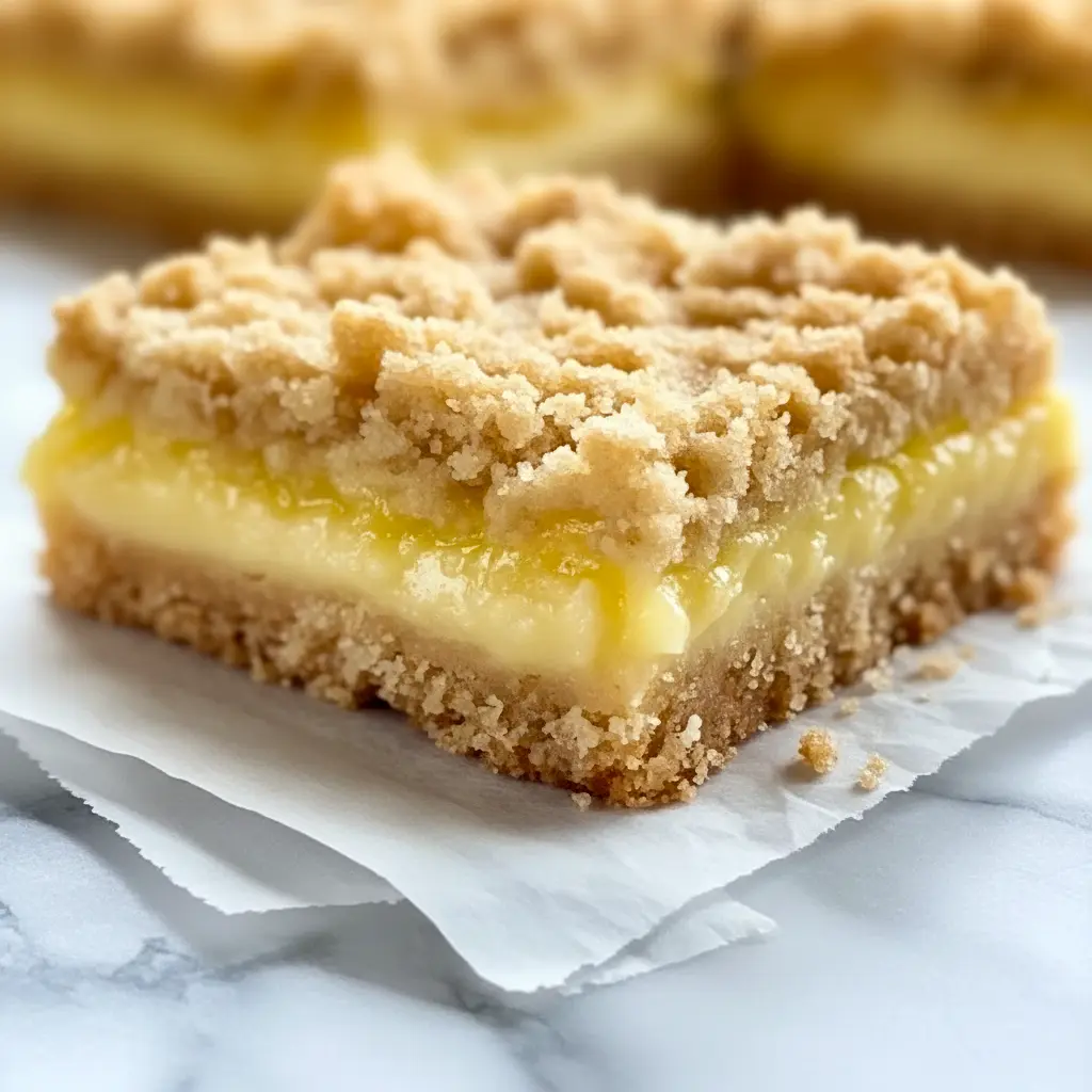 Lemon Crumb Bars with a buttery crumb topping, creamy lemon filling, and a light powdered sugar finish on a serving tray.