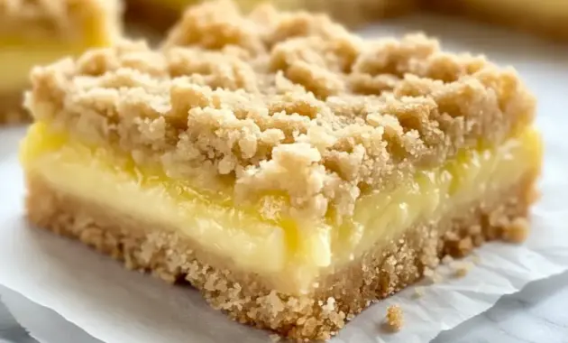 Lemon Crumb Bars with a buttery crumb topping, creamy lemon filling, and a light powdered sugar finish on a serving tray.