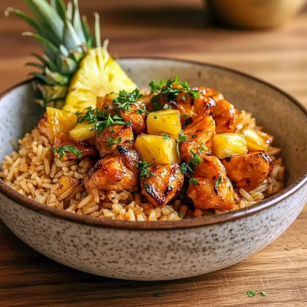 Pineapple Chicken and Rice plated as Easy Pineapple Chicken And Rice with caramelized chicken, pineapple, and a simple family-friendly bowl presentation.