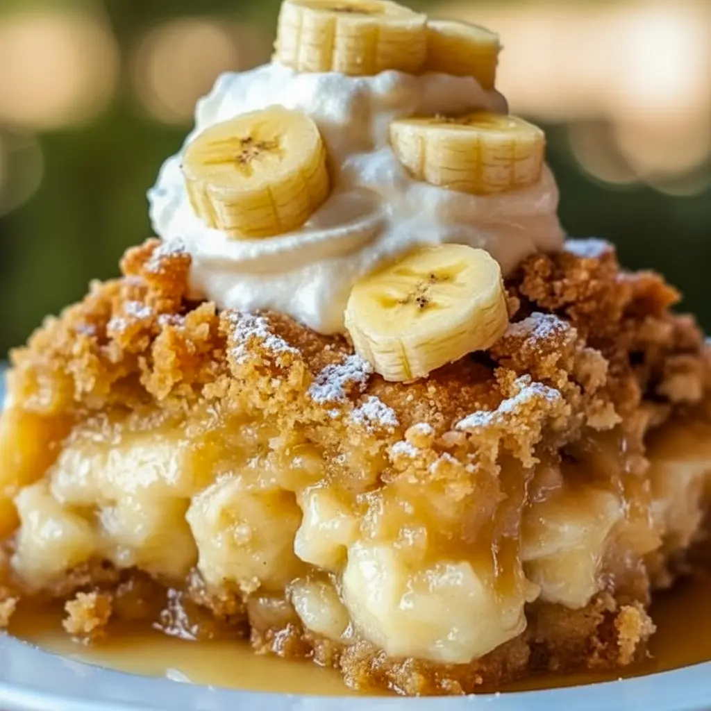 Close-up of Southern Banana Cobbler with ripe banana slices under a crunchy topping, inspired by a Banana Bread Cobbler Recipe Easy.