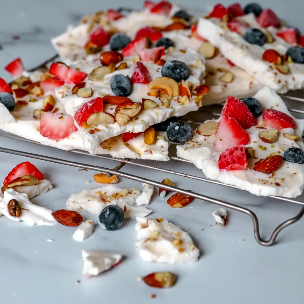 A sheet of Frozen Yogurt Bark topped with berries and nuts for a refreshing, crunchy, and colorful dessert.