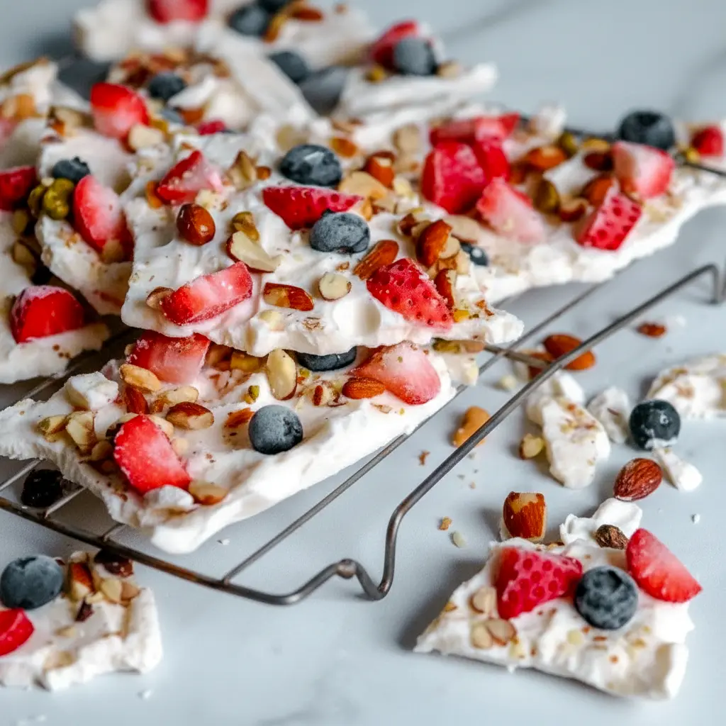A sheet of Frozen Yogurt Bark topped with berries and nuts for a refreshing, crunchy, and colorful dessert.