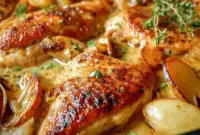 French Apple Cider Chicken in a rustic skillet with apples and herbs, inspired by French Cooking and cozy fall flavors.