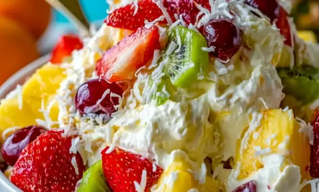 A bowl of Hawaiian Cheesecake Salad with pineapple, strawberries, kiwi, raspberries, and toasted coconut in a creamy cheesecake filling.