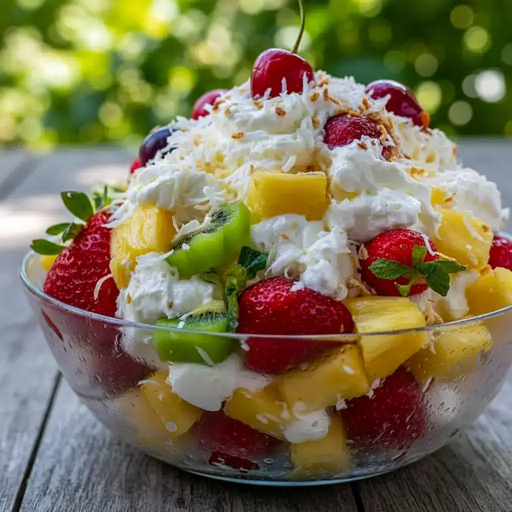 A bowl of Hawaiian Cheesecake Salad with pineapple, strawberries, kiwi, raspberries, and toasted coconut in a creamy cheesecake filling.