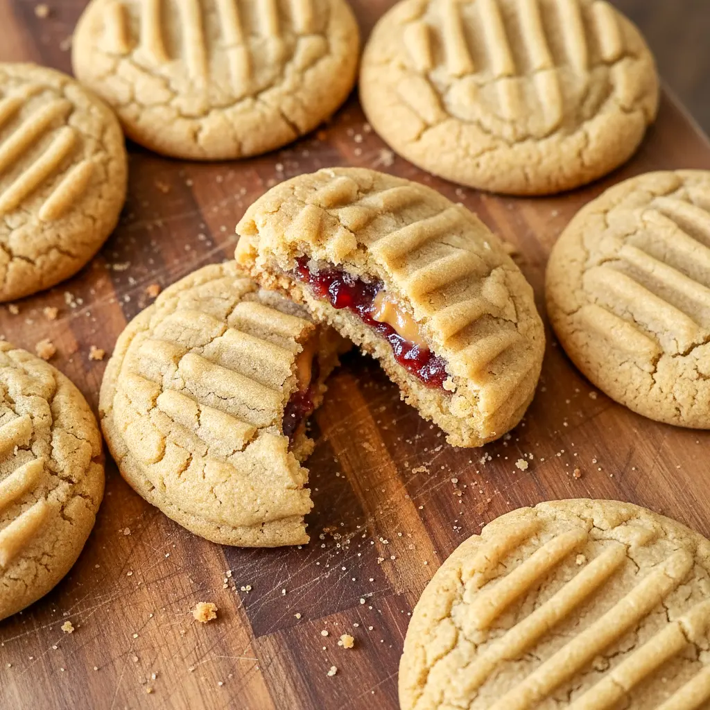 Close-up of a broken Peanut Butter and Jelly Stuffed Cookies cookie showing the sweet filling inside, perfect for Jelly Filled Cookies and Peanut Butter Jelly Dessert inspiration.