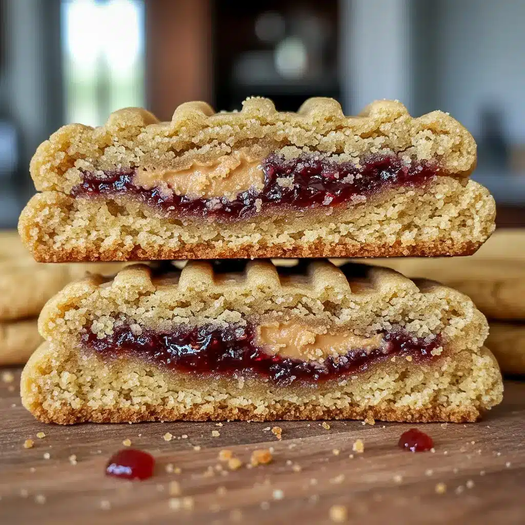 Stack of warm Peanut Butter and Jelly Stuffed Cookies on a cooling rack, made for Baking With Peanut Butter and classic Pb And J Desserts.
