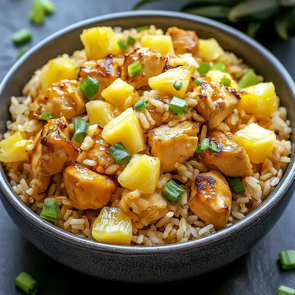 A skillet of Pineapple Chicken and Rice with juicy pineapple, tender chicken, red bell pepper, green onions, and sesame seeds for a colorful one-pan dinner.