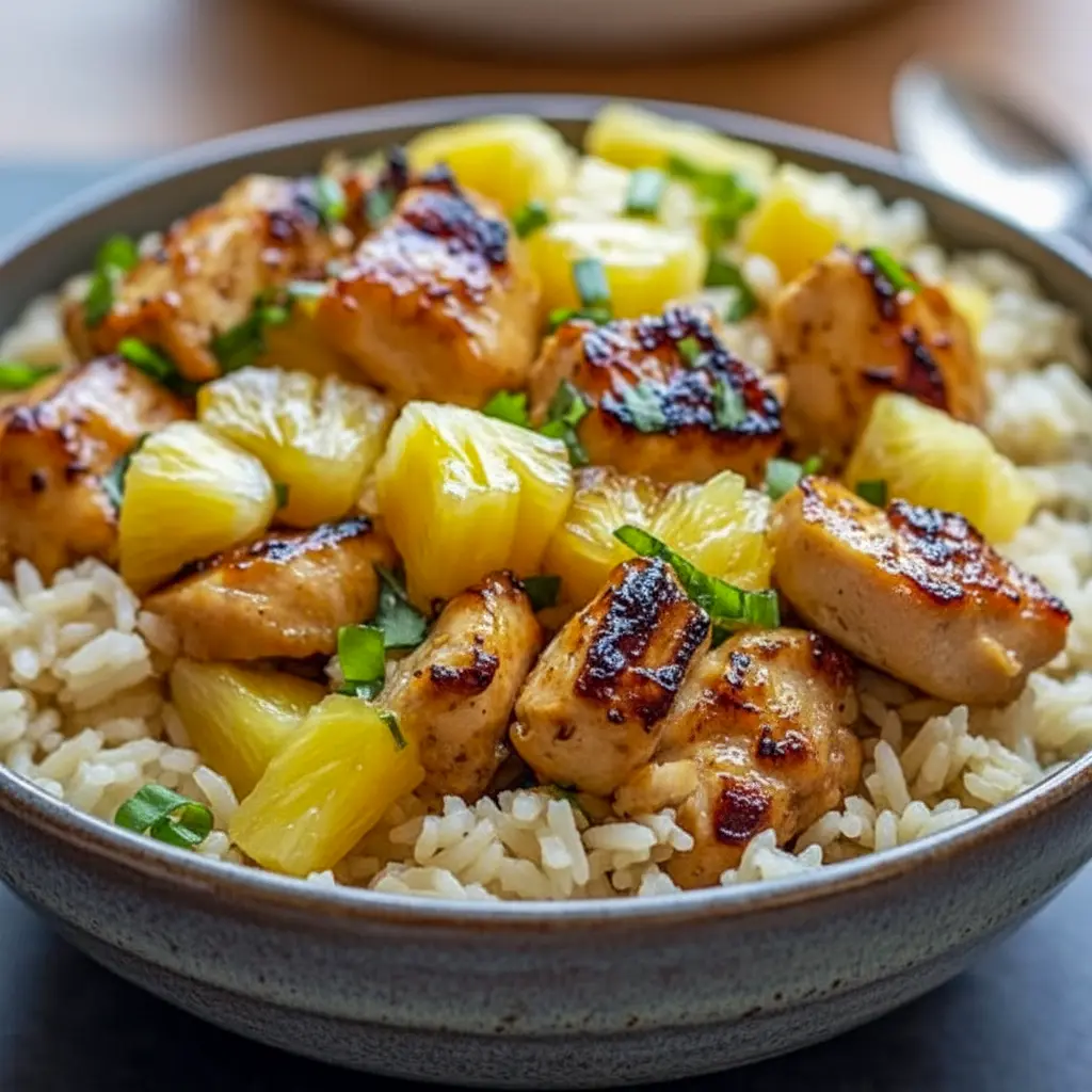 A skillet of Pineapple Chicken and Rice with juicy pineapple, tender chicken, red bell pepper, green onions, and sesame seeds for a colorful one-pan dinner.