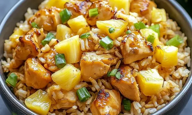 A skillet of Pineapple Chicken and Rice with juicy pineapple, tender chicken, red bell pepper, green onions, and sesame seeds for a colorful one-pan dinner.