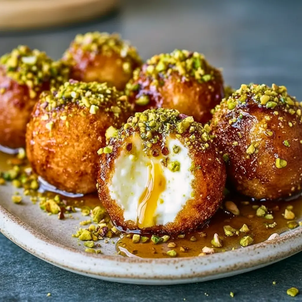 A platter of Ricotta Pistachio Honey Bites topped with chopped pistachios and honey drizzle, styled as a creamy, elegant appetizer for New Years Foods.