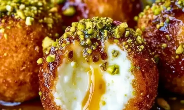 A platter of Ricotta Pistachio Honey Bites topped with chopped pistachios and honey drizzle, styled as a creamy, elegant appetizer for New Years Foods.