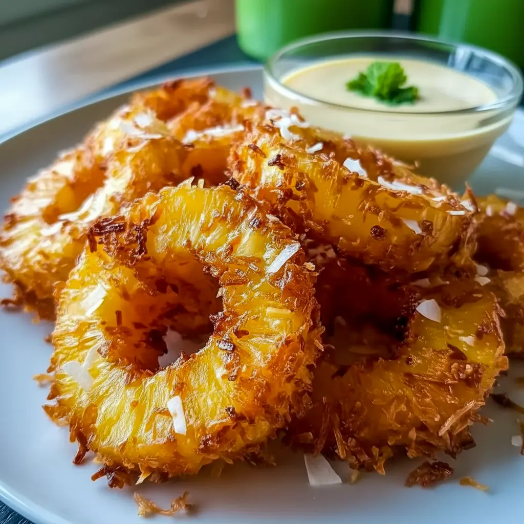 Fried Pineapple rings with a crispy coconut coating and rum-infused dipping sauce, a delicious choice for Pineapple Recipes, Fruit Recipes, and festive Appetizer Snacks.