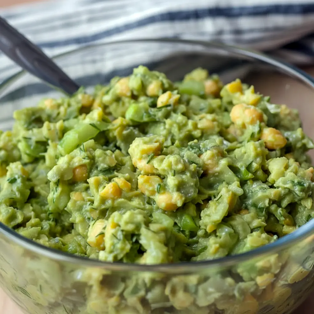 Smashed Chickpea Avocado Dill Pickle Sandwiches made into a rustic Smashed Chickpea Avocado Salad with chopped herbs, pickles, and lemon for a fresh lunch idea.