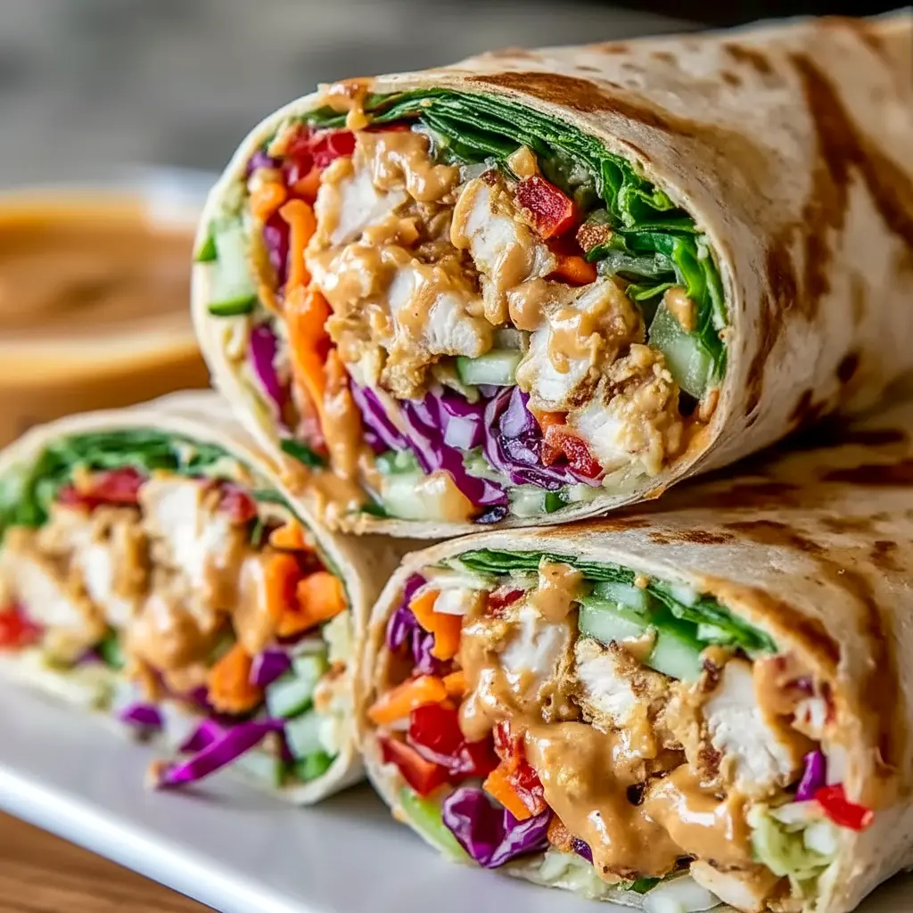 Thai Peanut Chicken Wraps with creamy peanut sauce, tender chicken, crisp vegetables, and fresh herbs wrapped in a soft tortilla for a colorful lunch.