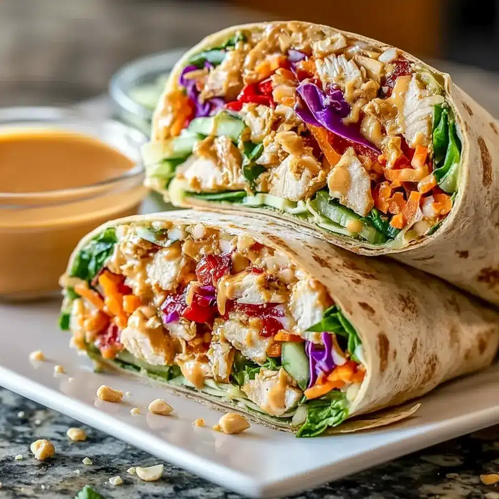Thai Peanut Chicken Wraps with creamy peanut sauce, tender chicken, crisp vegetables, and fresh herbs wrapped in a soft tortilla for a colorful lunch.