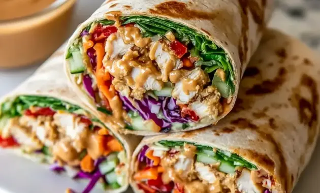 Thai Peanut Chicken Wraps with creamy peanut sauce, tender chicken, crisp vegetables, and fresh herbs wrapped in a soft tortilla for a colorful lunch.