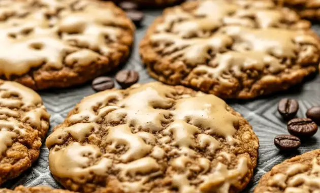 A cozy plate of Oatmeal Latte Cookies topped with glossy espresso icing, styled as a Vanilla Brown Sugar Oatmeal Latte Cookie treat for coffee lovers.