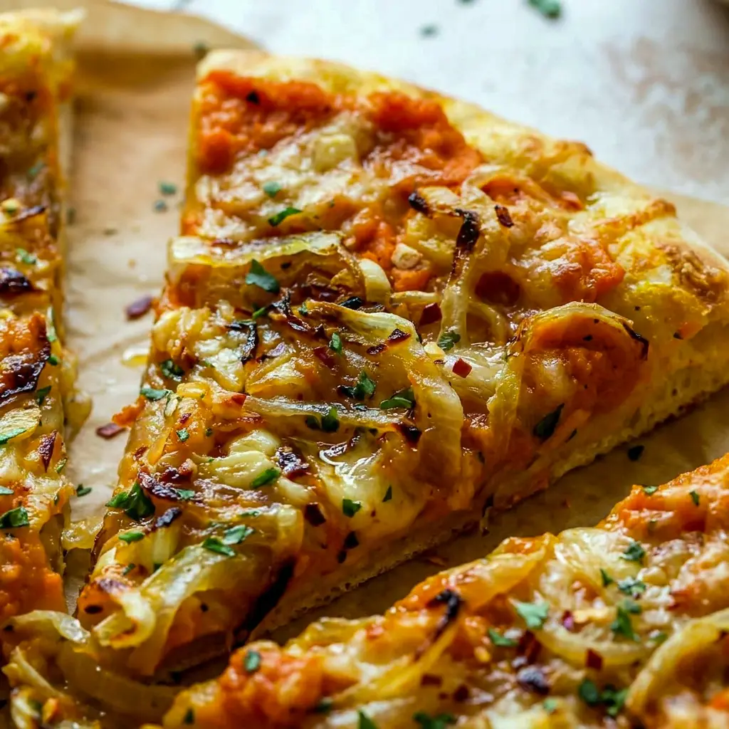 5 Ingredient Pumpkin Gouda Pizza with Easy Fall Pizza Recipes vibes, topped with caramelized onions and melty cheese for a cozy autumn dinner.