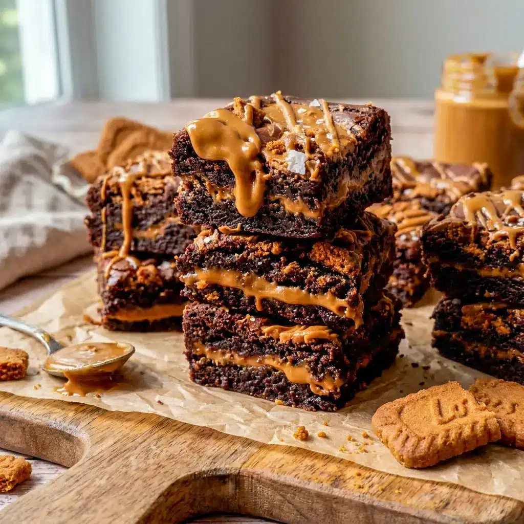 Biscoff Brownies served as thick, fudgy squares for irresistible Biscoff Cookie Butter Brownies.