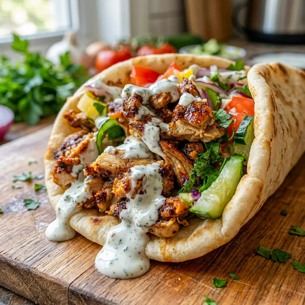 Chicken Shawarma with Garlic Sauce wrapped in pita for one of the best New Dinners To Try.