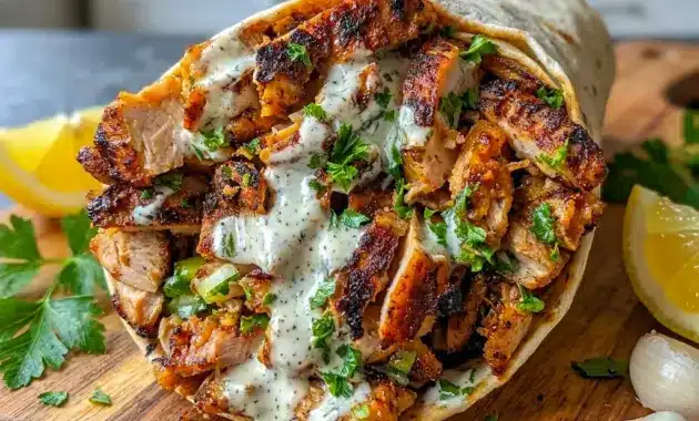 Chicken Shawarma with Garlic Sauce served as a flavorful Cuisine Recipe with tender spiced chicken and creamy sauce.