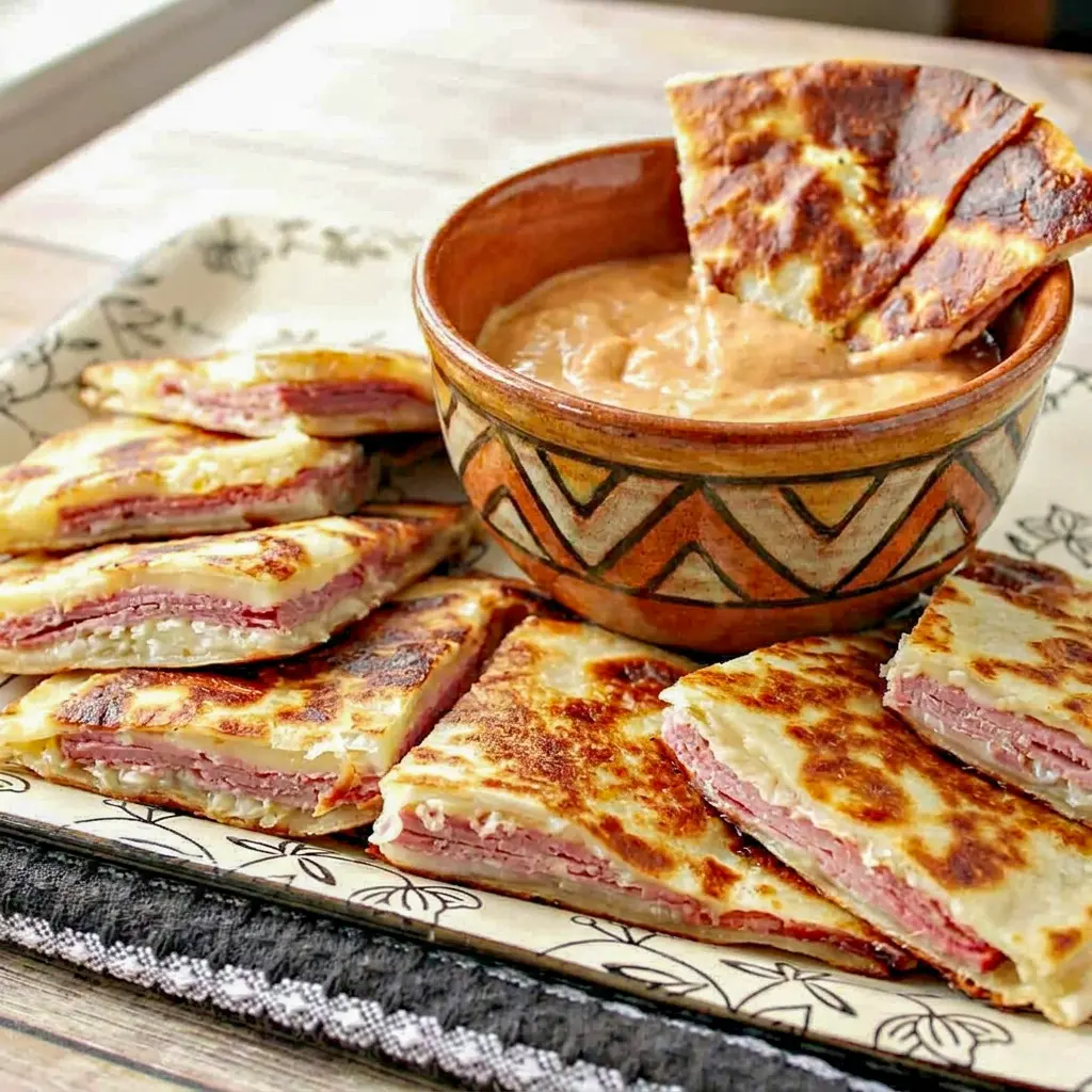 Crispy Corned Beef and Swiss Reuben Quesadillas with melty cheese and tangy filling, inspired by classic Rueben Sandwiches.
