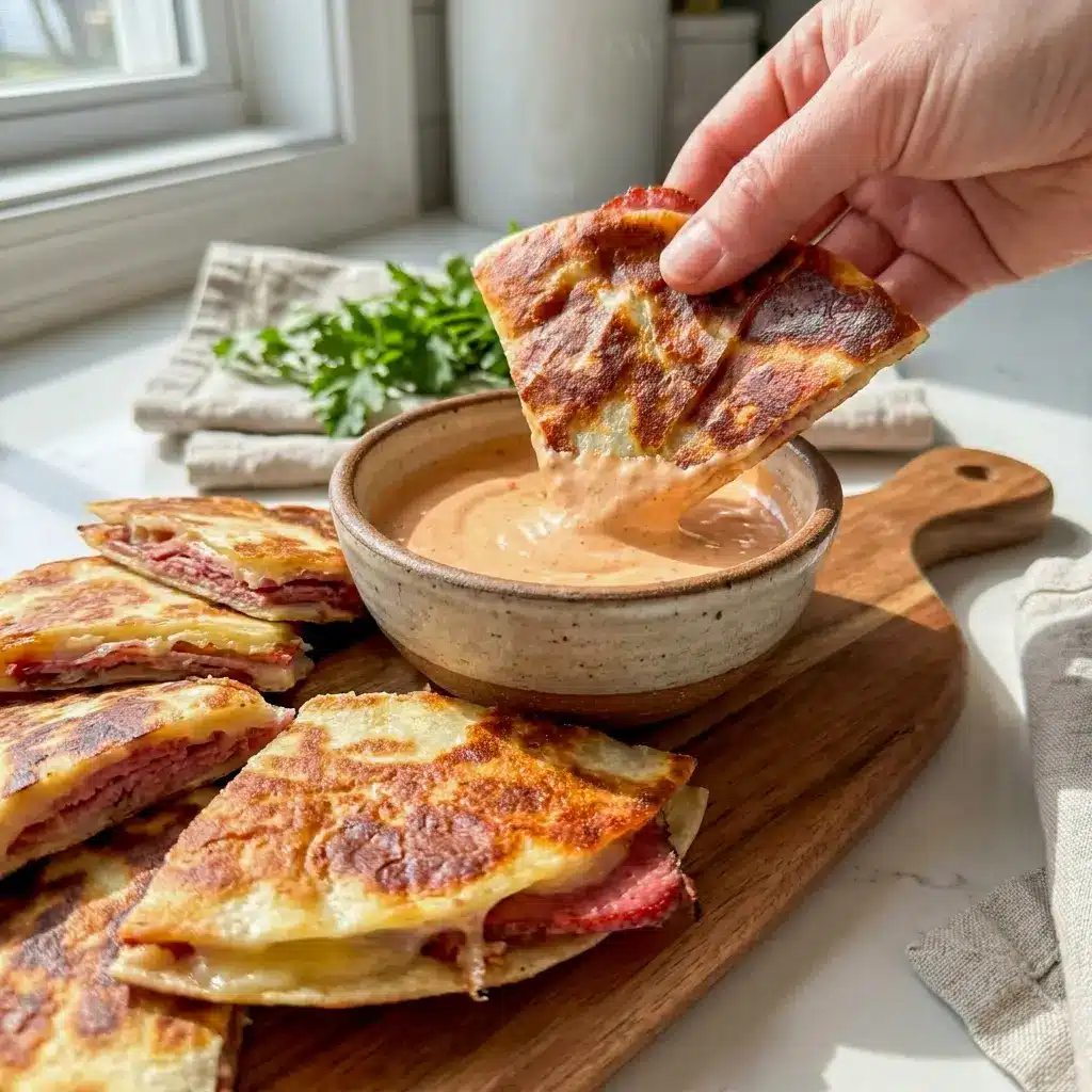 Corned Beef and Swiss Reuben Quesadillas with a side of 1000 Island dip, an easy Reuben Wrap-style comfort food twist.