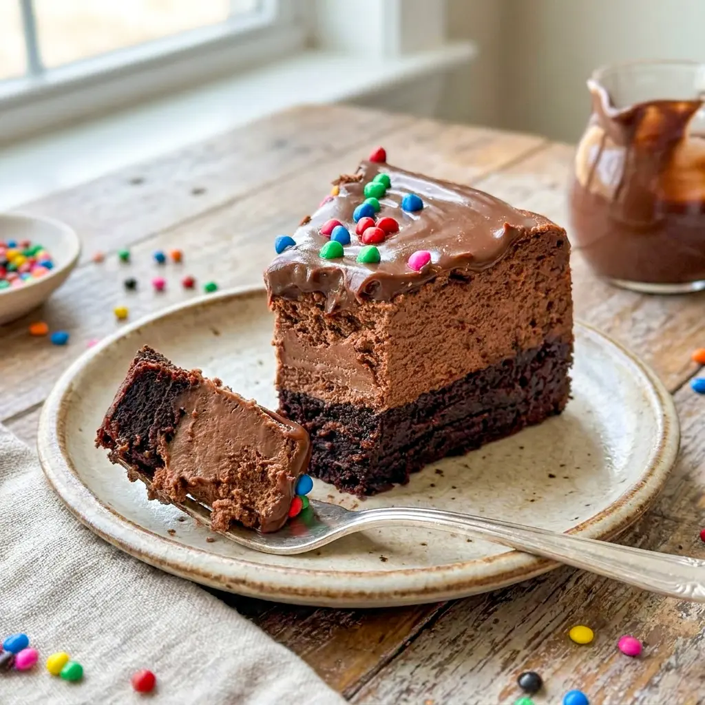 A close-up of Cosmic Brownie Cheesecake that looks like a dreamy Cosmic Cheesecake with rainbow sprinkles and thick chocolate ganache.