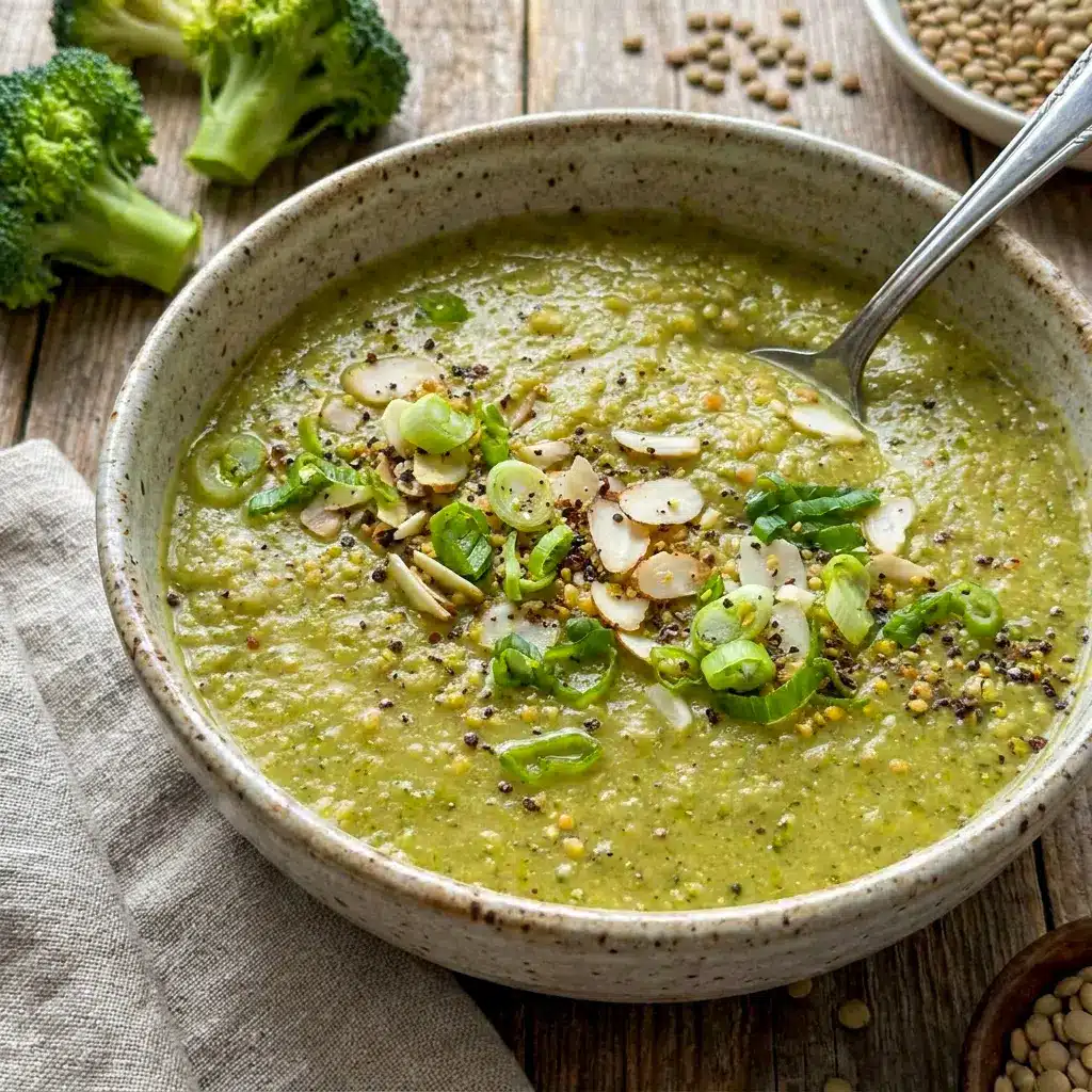 A close-up of Creamy Broccoli and Red Lentil Soup with a smooth texture that highlights Vegan Broccoli Lentil Soup comfort food appeal.