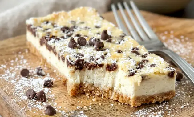 Cannoli Cheesecake Bars served chilled on a plate, a creamy Cannoli Desserts favorite with chocolate chips.