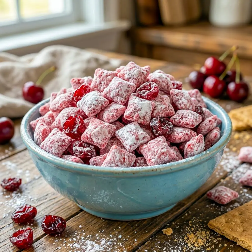 Crunchy dessert mix with Cherry Cheesecake Puppy Chow and cherry flavor, one of the best Snacks To Bring To Work To Share.