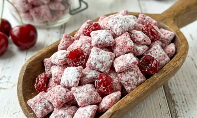 A sweet bowl of Cherry Cheesecake Puppy Chow finished with powdered sugar and cherries, perfect for Snack Exchange Ideas.
