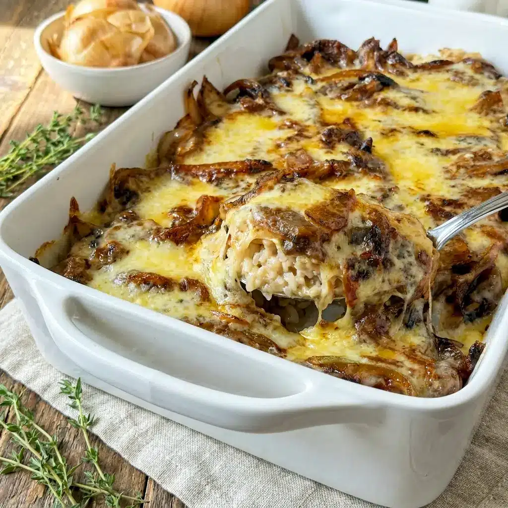 A hearty tray of French Onion Chicken and Rice with melted Gruyère, perfect for Meals For Large Families.