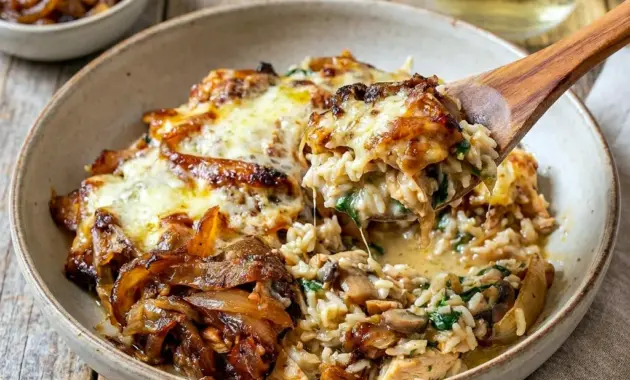 A creamy casserole of French Onion Chicken and Rice with golden cheese and Everyday Food Recipes comfort.