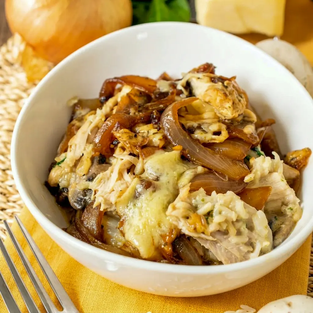 French Onion Chicken and Rice baked with tender chicken and onions, a cozy French Onion Chicken Recipe for dinner.