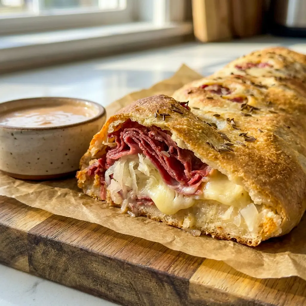 Reuben Stromboli is a delicious Rueben Recipe with melted cheese, sauerkraut, and savory corned beef wrapped in pizza dough.