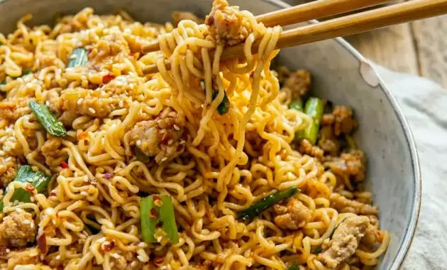 Ground Chicken Sweet Chili Noodles served in a glossy skillet bowl with a bold Sweet Chili Noodles Recipe flavor.