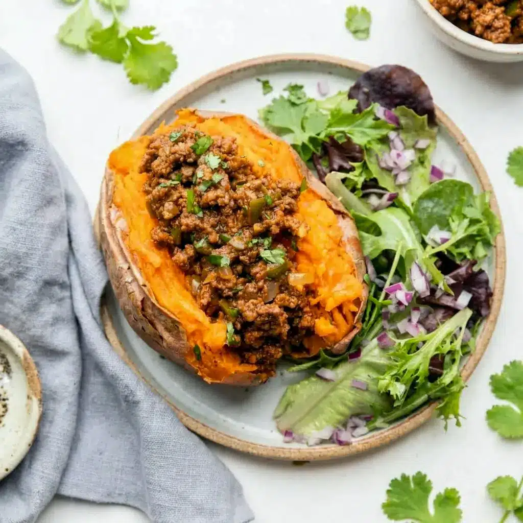 Fresh Healthy Sloppy Joes spooned into a roasted sweet potato, inspired by Paleo Sweet Potato Sloppy Joes for a simple dinner idea.