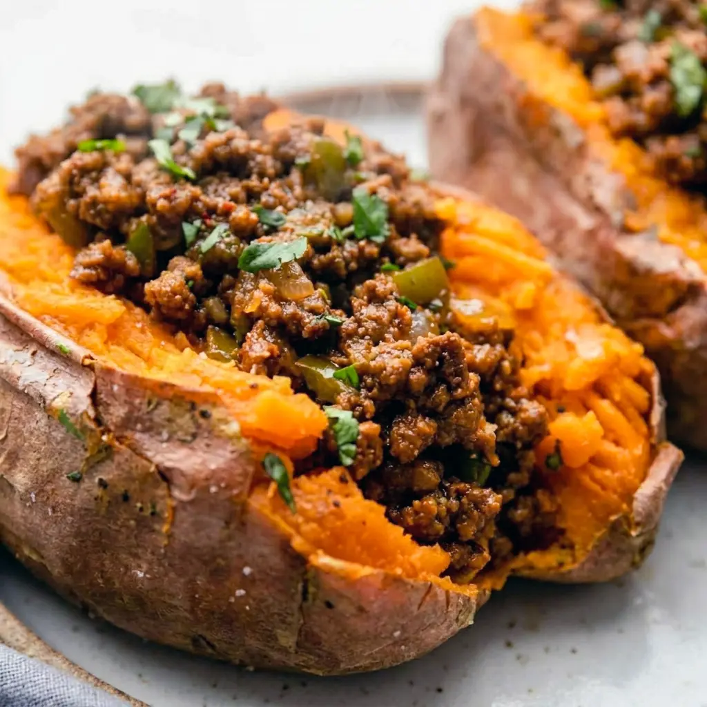 A colorful dinner plate of Healthy Sloppy Joes on sweet potatoes, featuring Whole 30 Sloppy Joes Sweet Potato for a satisfying healthy recipe.