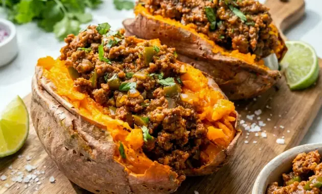 A bowl of Healthy Sloppy Joes served over baked sweet potatoes, styled as Whole 30 Sloppy Joes for an easy weeknight dinner.