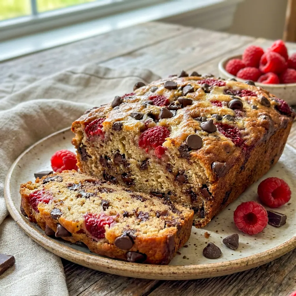 Moist Raspberry Dark Chocolate Banana Bread topped with berries, a bakery-style Raspberry Chocolate Chip Bread treat.