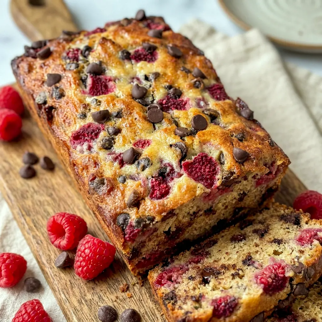 Tender Raspberry Dark Chocolate Banana Bread drizzled with chocolate, a delicious Chocolate Drizzled Raspberry Banana Bread for sharing.
