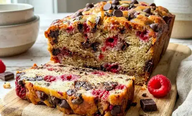 Raspberry Dark Chocolate Banana Bread sliced on a plate, a rich Chocolate Raspberry Bread for cozy snack time.