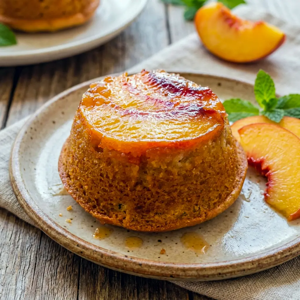 Warm Peach Upside Down Mini Cakes with caramelized fruit topping, perfect for Individual Peach Desserts at brunch.