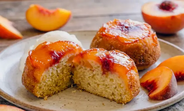 Peach Upside Down Mini Cakes fresh from the pan, styled as a sweet Small Peaches Recipe for summer baking.